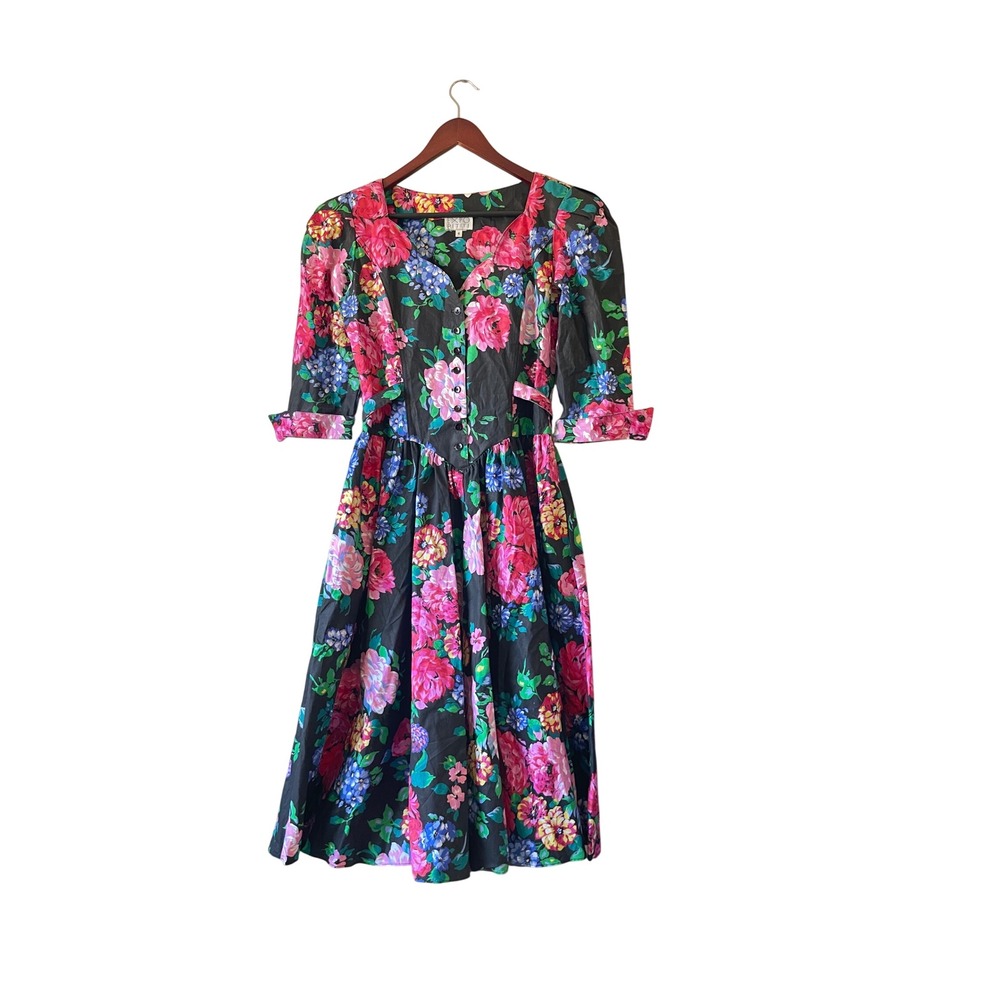 Vintage Floral Midi Dress Black Pink‎ Blue Button Front Waist Tie 4 petite